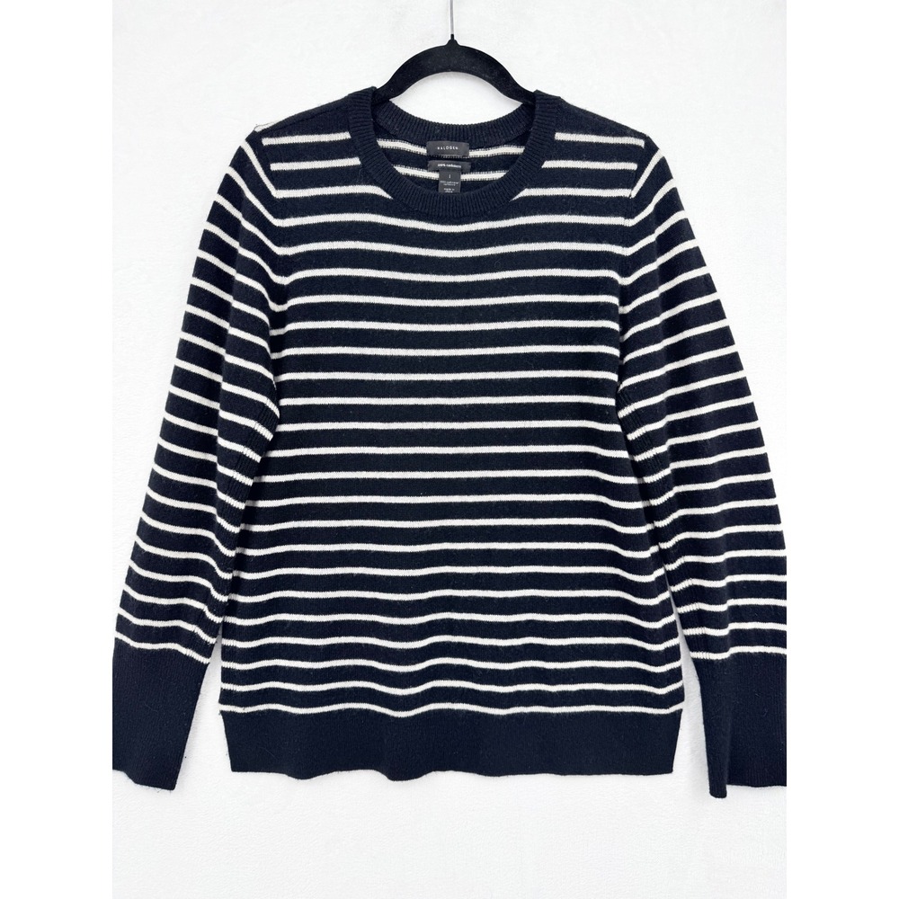 Halogen Women Black White Striped 100% Cashmere Crew Neck Sweater L Minimalist
